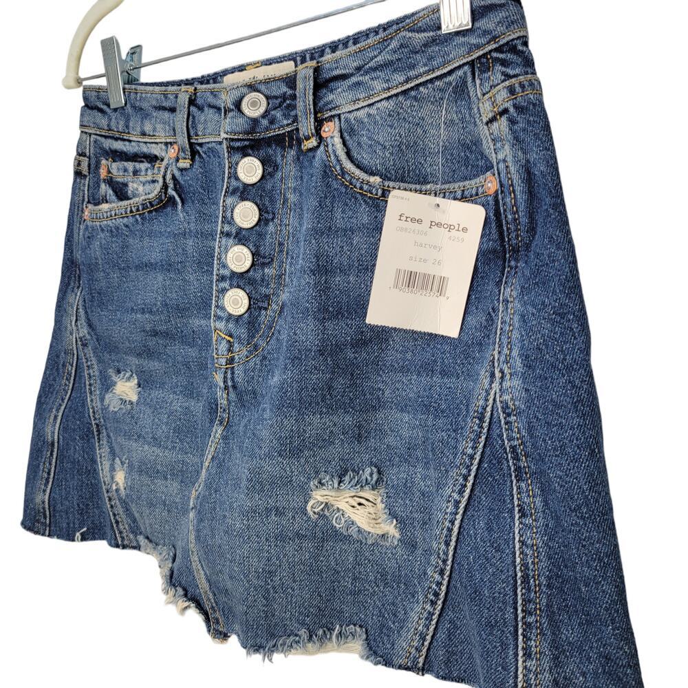 Free People A-Line Denim Distressed Mini Skirt Button Fly Jean Skirt Women US 26 - Picture 5 of 9